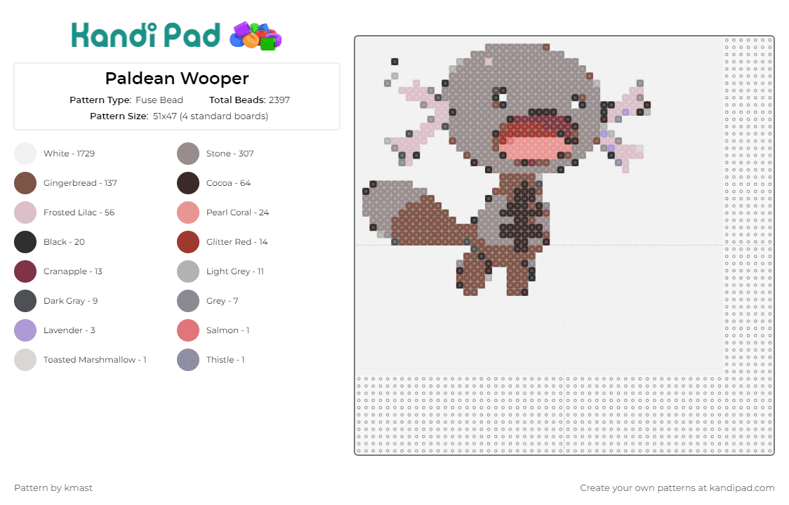 Paldean Wooper - Fuse Bead Pattern by kmast on Kandi Pad - paldean wooper,pokemon,poison,ground,brown,cute