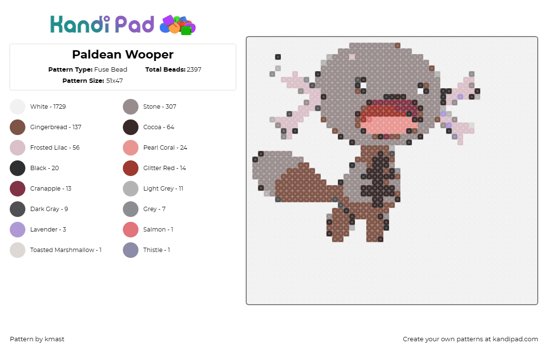 Paldean Wooper - Fuse Bead Pattern by kmast on Kandi Pad - paldean wooper,pokemon,poison,ground,brown,cute