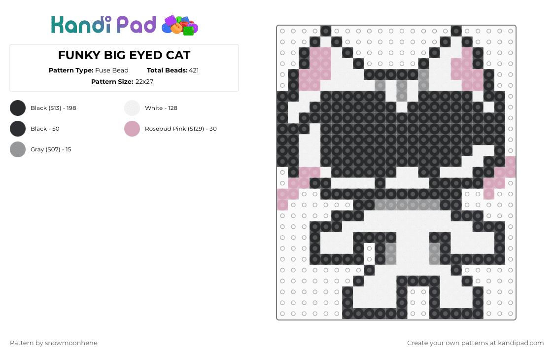 FUNKY BIG EYED CAT - Fuse Bead Pattern by snowmoonhehe on Kandi Pad - black,white,pink,gray