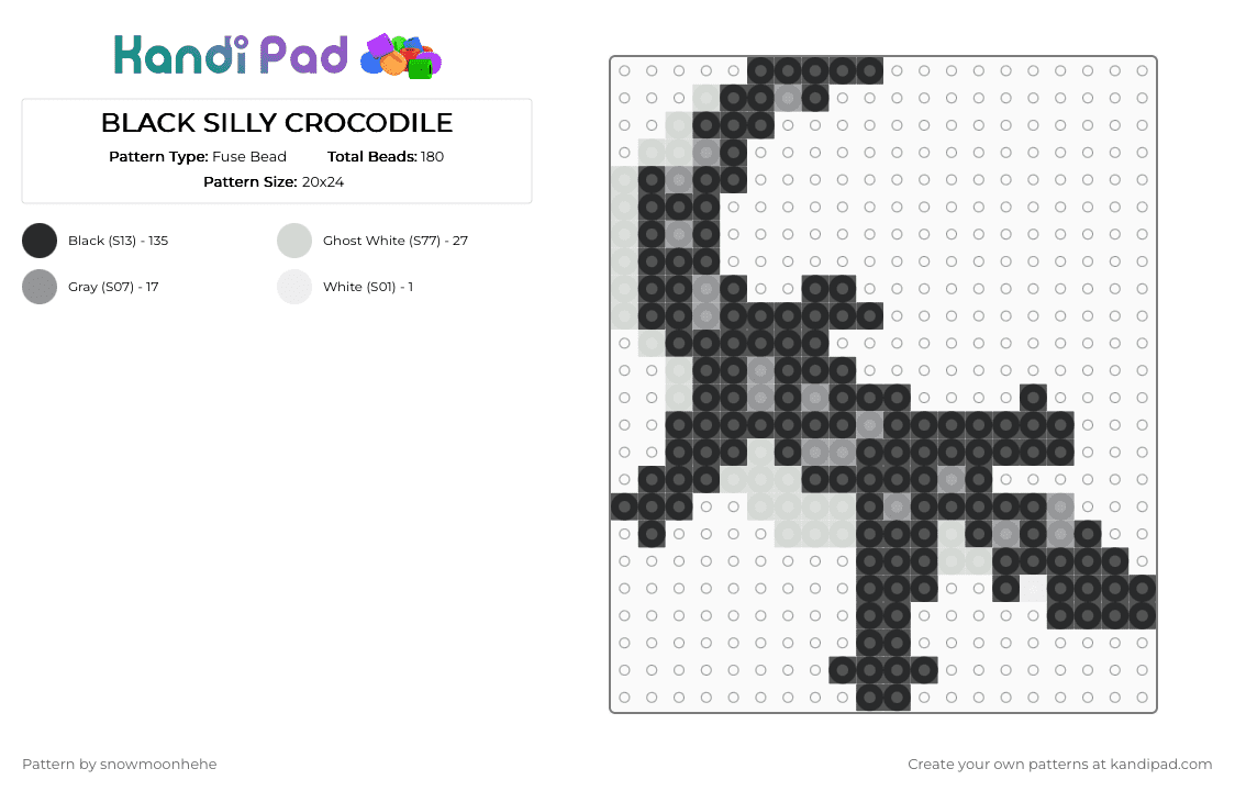 BLACK SILLY CROCODILE - Fuse Bead Pattern by snowmoonhehe on Kandi Pad - black,gray,white