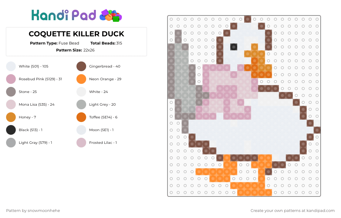 COQUETTE KILLER DUCK - Fuse Bead Pattern by snowmoonhehe on Kandi Pad - white,tan,orange,pink,silly,duck,coquette