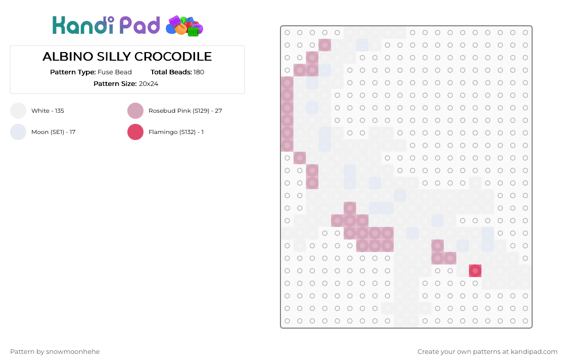 ALBINO SILLY CROCODILE - Fuse Bead Pattern by snowmoonhehe on Kandi Pad - white,pink