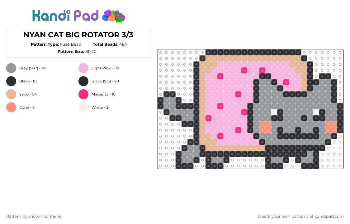 NYAN CAT BIG ROTATOR 3/3 - Fuse Bead Pattern by snowmoonhehe on Kandi Pad - gray,pink