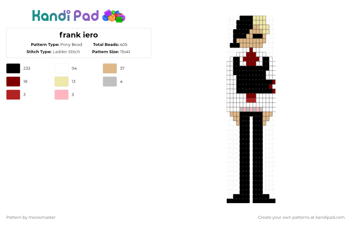 frank iero - Pony Bead Pattern by meowmaster on Kandi Pad - black,white,beige,brown,mcr,frank iero