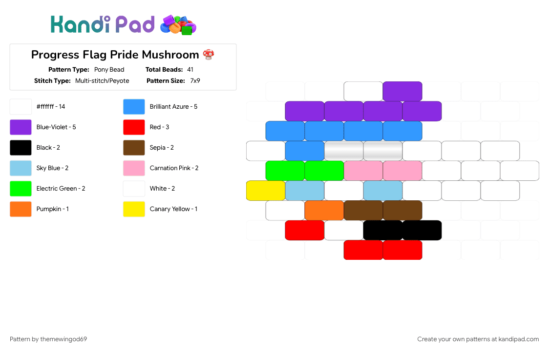 Progress Flag Pride Mushroom 🍄 - Pony Bead Pattern by themewingod69 on Kandi Pad - charm, lgbtqia, light blue, mushroom, pride, progress flag, purple, rainbow, red, white