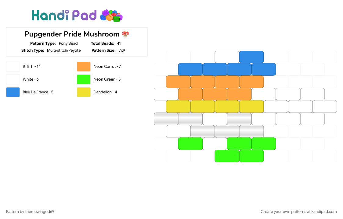 Pupgender Pride Mushroom 🍄 - Pony Bead Pattern by themewingod69 on Kandi Pad - green, lgbtqia, light blue, mushroom, orange, pride, pupgender, white, xenogender
