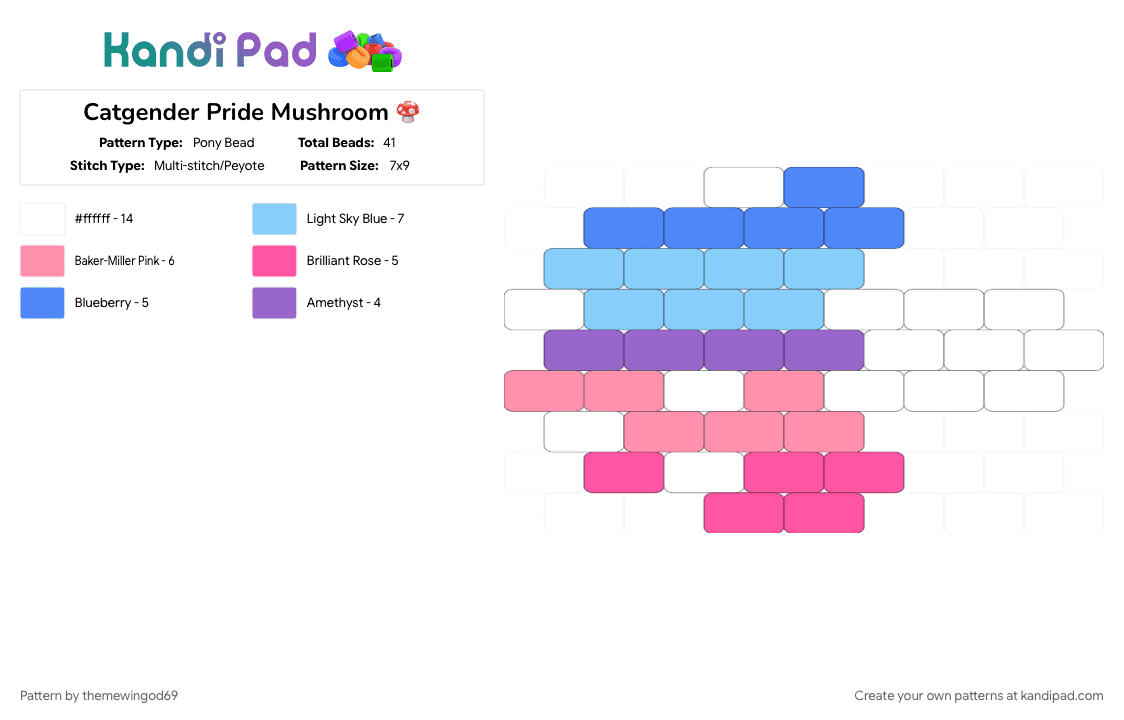 Catgender Pride Mushroom 🍄 - Pony Bead Pattern by themewingod69 on Kandi Pad - catgender, lgbtqia, light blue, mushroom, pink, pride, xenogender