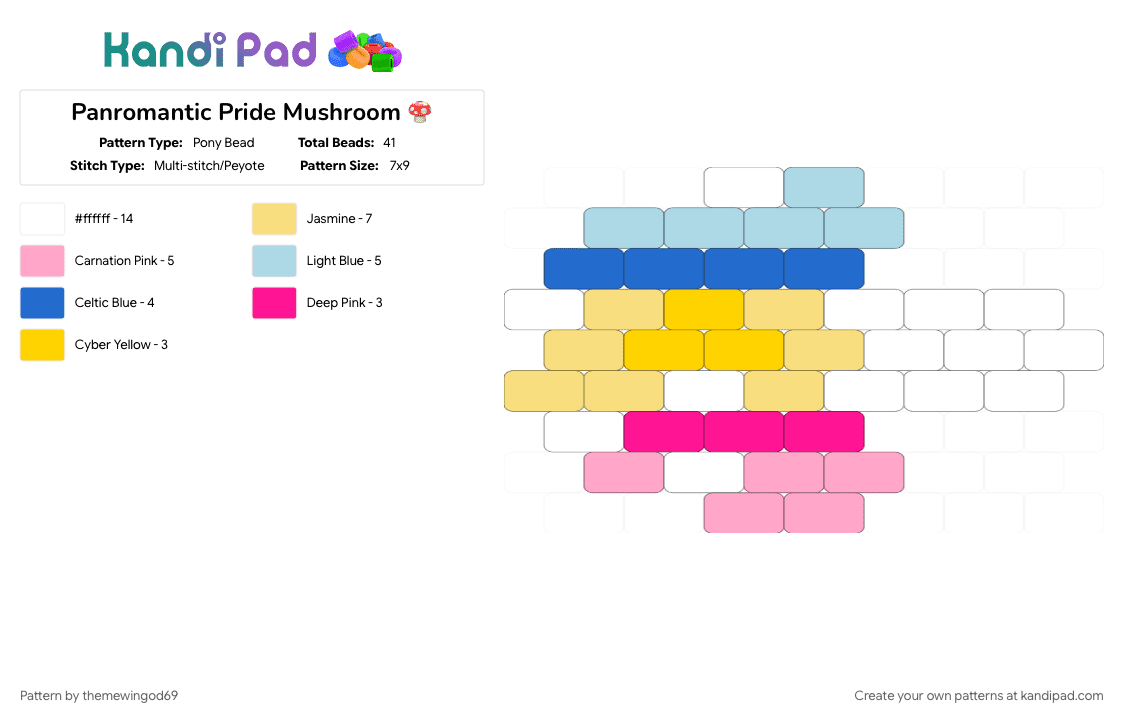 Panromantic Pride Mushroom 🍄 - Pony Bead Pattern by themewingod69 on Kandi Pad - charm, lgbtqia, mushroom, panromantic, pansexual, pink, pride, yellow