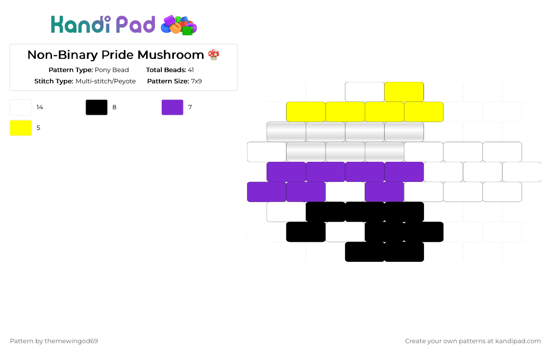 Non-Binary Pride Mushroom 🍄 - Pony Bead Pattern by themewingod69 on Kandi Pad - charm, mushroom, nonbinary, pride, purple, white, yellow