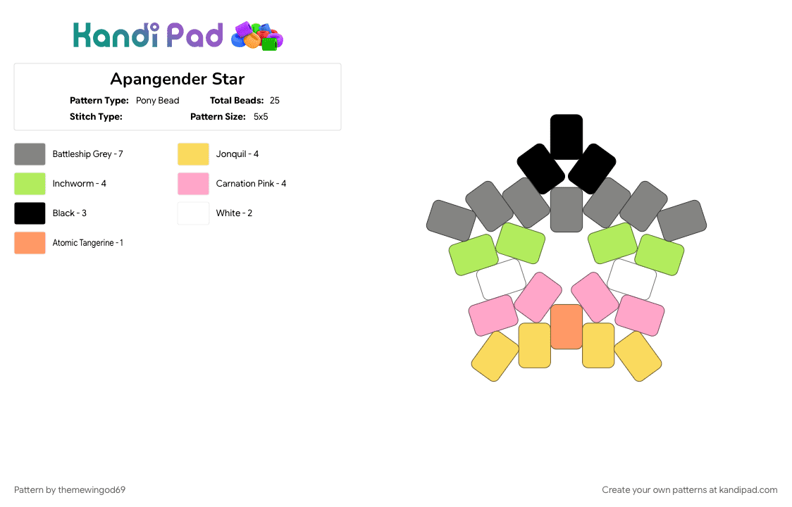 Apangender Star - Pony Bead Pattern by themewingod69 on Kandi Pad - apagender, gray, green, lgbtqia, pink, pride, star, yellow