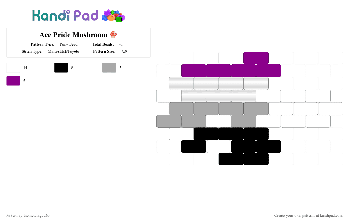 Ace Pride Mushroom 🍄 - Pony Bead Pattern by themewingod69 on Kandi Pad - ace, asexual, beige, lgbtqia, mushroom, pink, pride, white