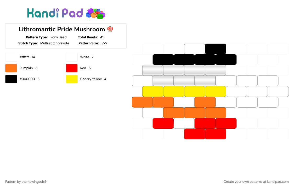 Lithromantic Pride Mushroom 🍄 - Pony Bead Pattern by themewingod69 on Kandi Pad - charm, lgbtqia, lithromantic, mushroom, orange, pride, red, white