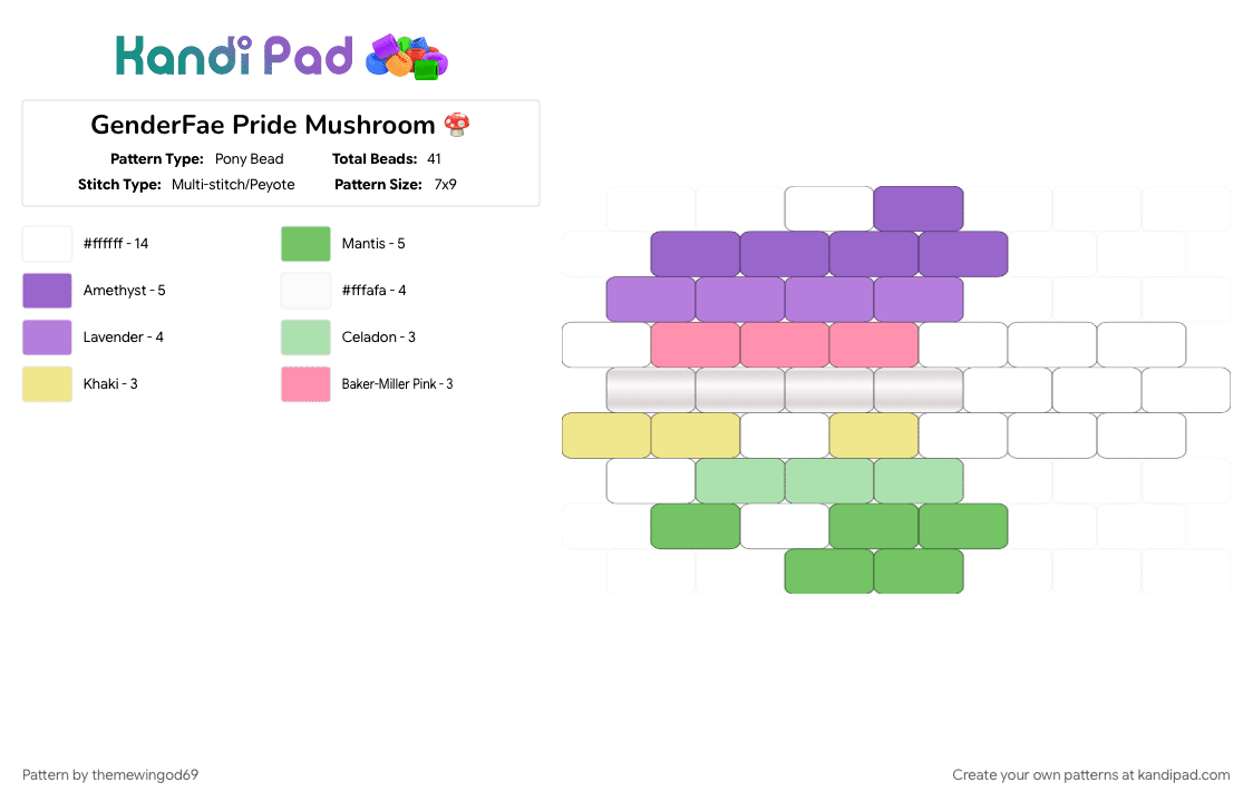 GenderFae Pride Mushroom 🍄 - Pony Bead Pattern by themewingod69 on Kandi Pad - charm, genderfae, green, lgbtqia, mushroom, pink, pride, purple, white