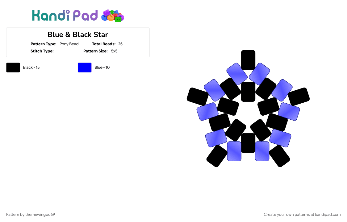 Blue & Black Star - Pony Bead Pattern by themewingod69 on Kandi Pad - black, blue, blue and black, clear, purple, star