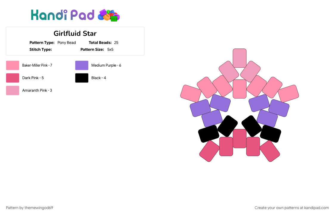 Girlfluid Star - Pony Bead Pattern by themewingod69 on Kandi Pad - girlfluid, lgbtqia, pink, pride, purple, star