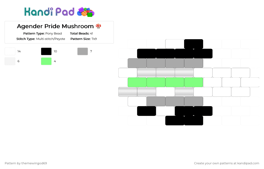 Agender Pride Mushroom 🍄 - Pony Bead Pattern by themewingod69 on Kandi Pad - agender, beige, charm, mushroom, pride, teal, white