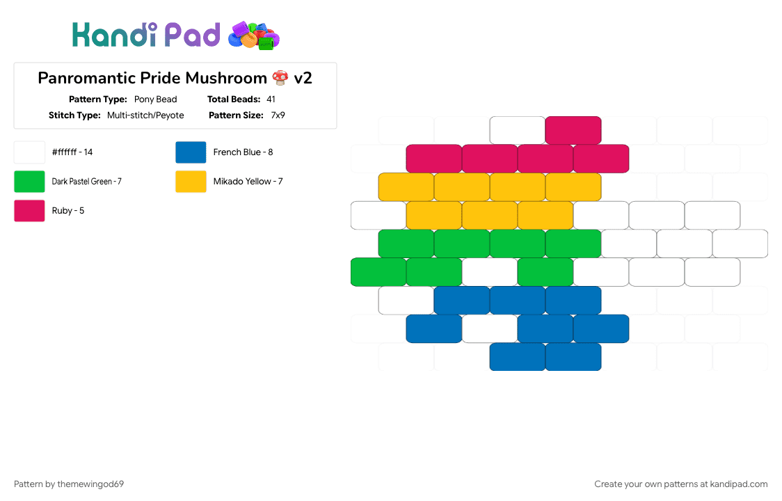 Panromantic Pride Mushroom 🍄 v2 - Pony Bead Pattern by themewingod69 on Kandi Pad - blue, green, lgbtqia, love, mushroom, panromantic, pansexual, pride, yellow
