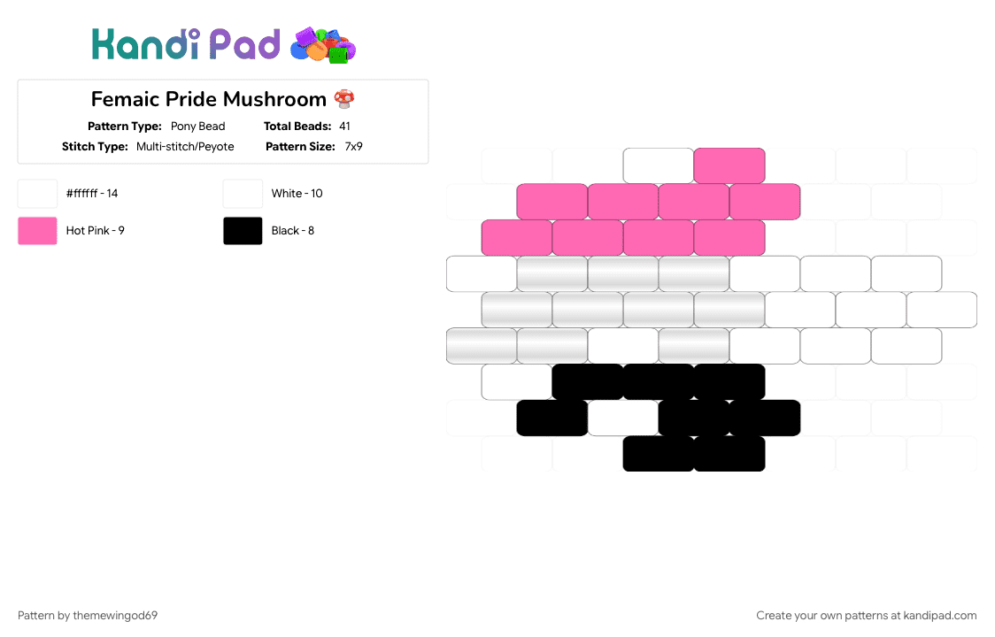 Femaic Pride Mushroom 🍄 - Pony Bead Pattern by themewingod69 on Kandi Pad - charm, femaric, lgbtqia, mushroom, pink, pride, white