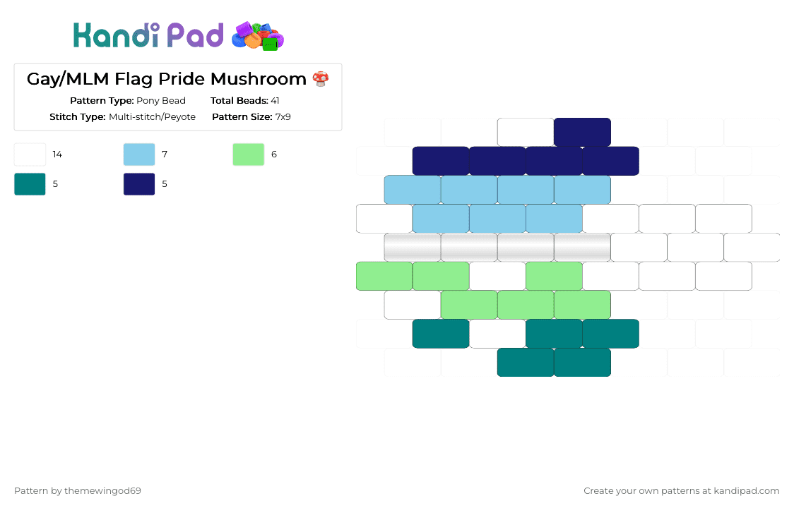 Gay/MLM Flag Pride Mushroom 🍄 - Pony Bead Pattern by themewingod69 on Kandi Pad - charm, gay, mlm, mushroom, pride, teal