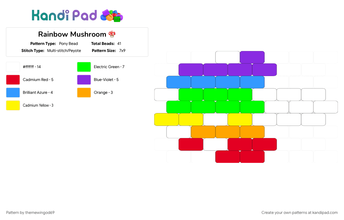 Rainbow Mushroom 🍄 - Pony Bead Pattern by themewingod69 on Kandi Pad - charm, green, mushroom, purple, rainbow, rainbow charm, red