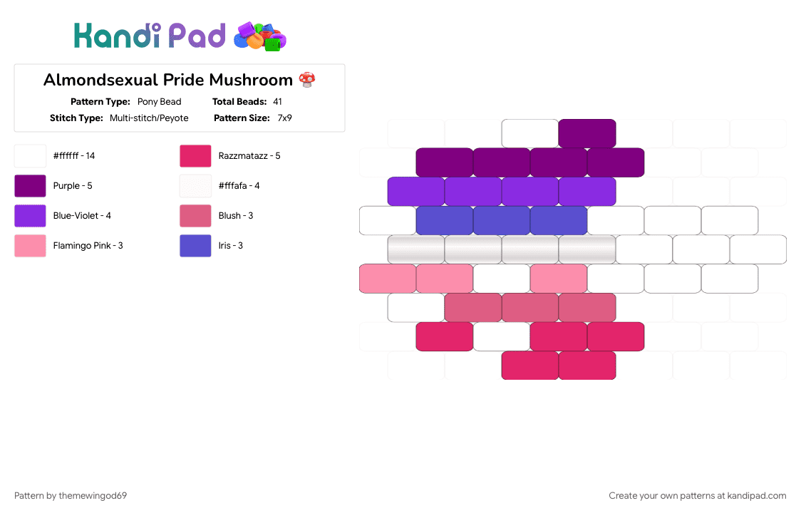 Almondsexual Pride Mushroom 🍄 - Pony Bead Pattern by themewingod69 on Kandi Pad - almondsexual, charm, lgbtqia, mushroom, pink, pride, purple