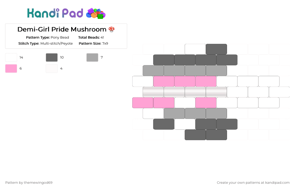 Demi-Girl Pride Mushroom 🍄 - Pony Bead Pattern by themewingod69 on Kandi Pad - charm, demigirl, gray, mushroom, pride