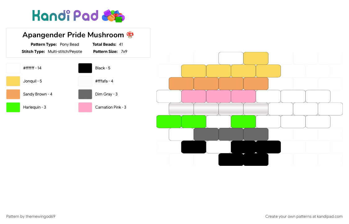 Apangender Pride Mushroom 🍄 - Pony Bead Pattern by themewingod69 on Kandi Pad - apagender, charm, lgbtqia, mushroom, orange, pride, white, yellow