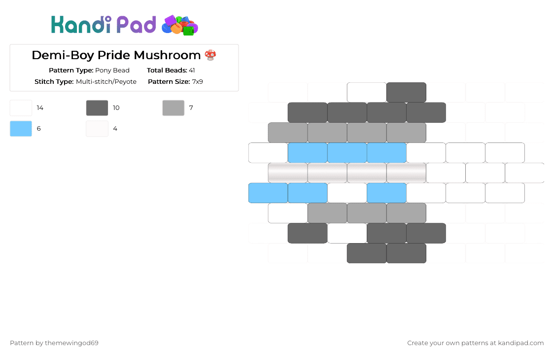 Demi-Boy Pride Mushroom 🍄 - Pony Bead Pattern by themewingod69 on Kandi Pad - charm, demiboy, gray, mushroom, pride
