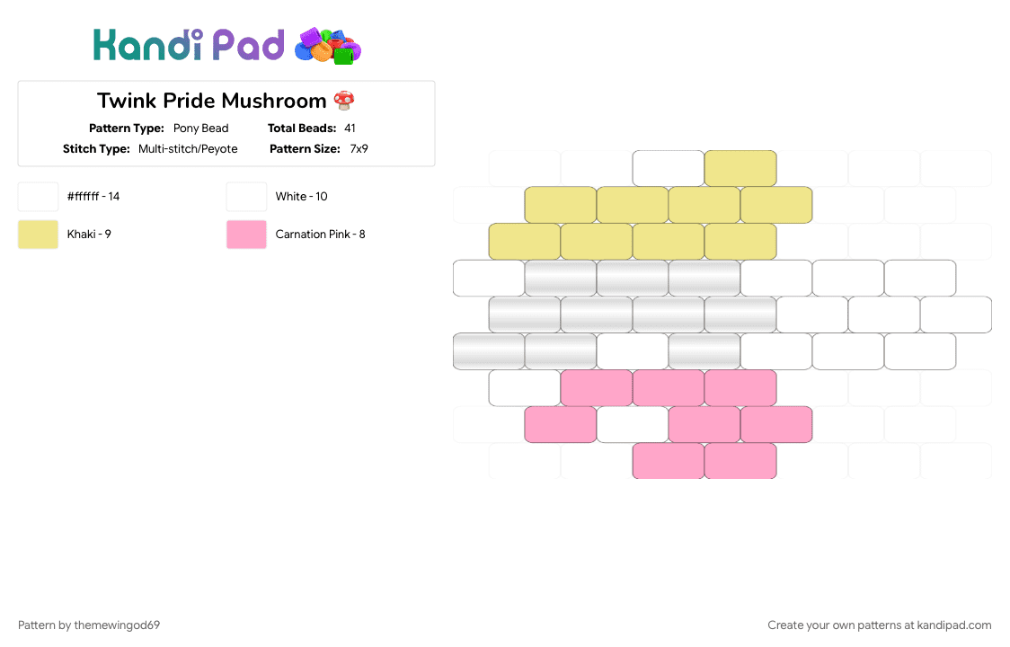 Twink Pride Mushroom 🍄 - Pony Bead Pattern by themewingod69 on Kandi Pad - charm, lgbtqia, mushroom, pink, pride, twink, white, yellow