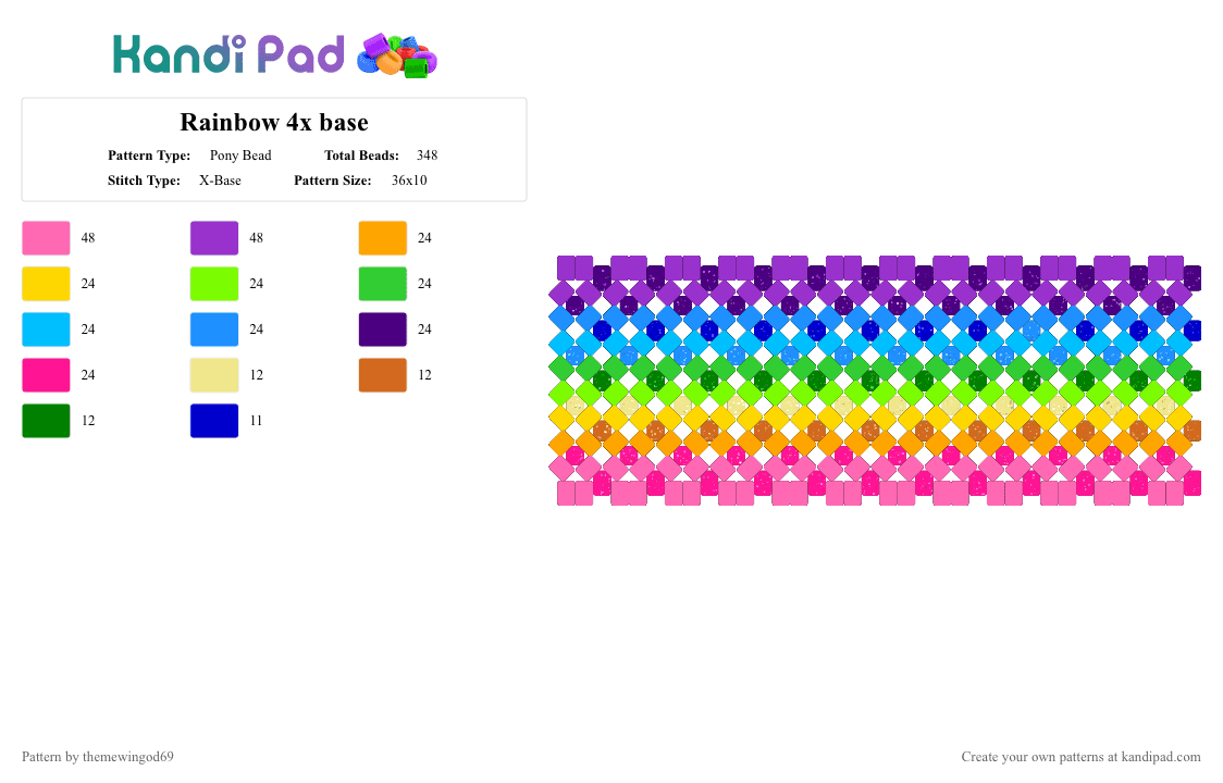Rainbow 4x base - Pony Bead Pattern by themewingod69 on Kandi Pad - cuff, green, light blue, pink, purple, rainbow