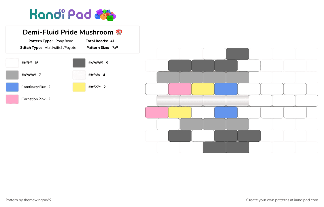 Demi-Fluid Pride Mushroom 🍄 - Pony Bead Pattern by themewingod69 on Kandi Pad - beige, charm, demifluid, gray, lgbtqia, mushroom, pride, white