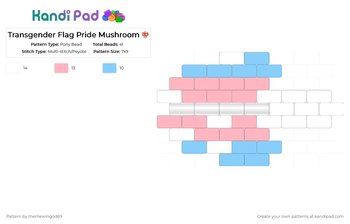 Transgender Flag Pride Mushroom 🍄 - Pony Bead Pattern by themewingod69 on Kandi Pad - charm, light blue, mushroom, pink, pride, trans, transgender