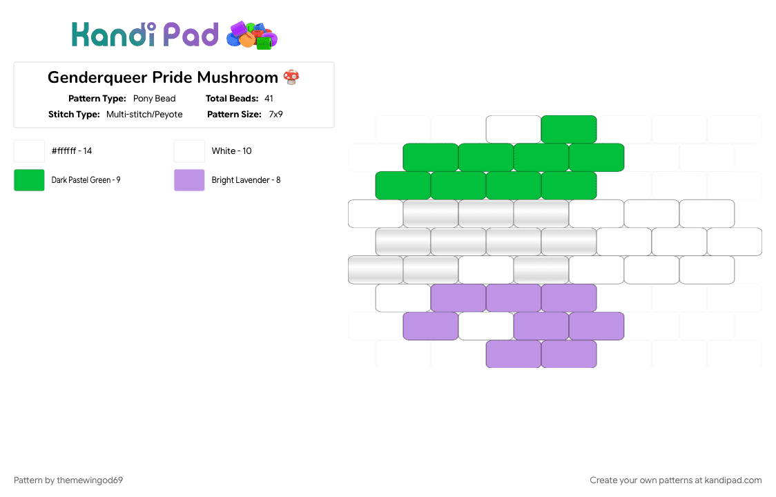 Genderqueer Pride Mushroom 🍄 - Pony Bead Pattern by themewingod69 on Kandi Pad - charm, genderqueer, green, lgbtqia, mushroom, pink, pride, white