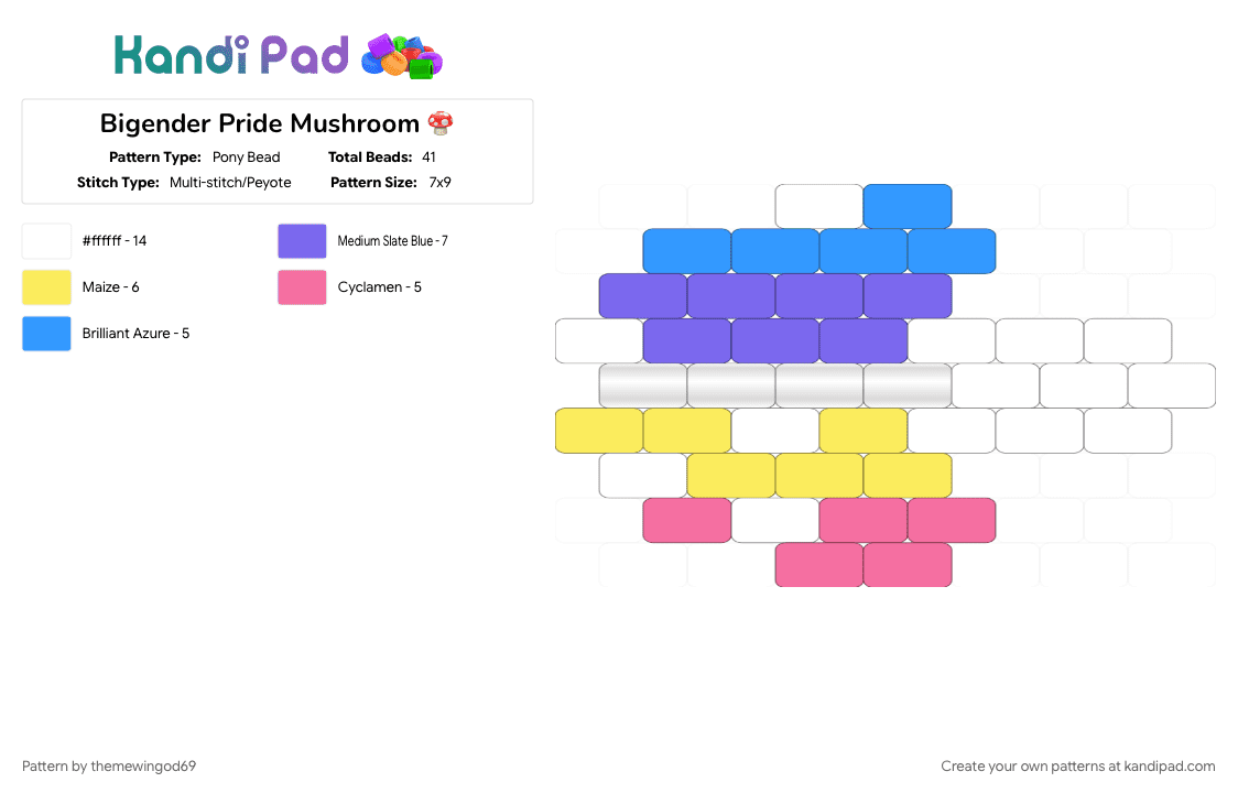 Bigender Pride Mushroom 🍄 - Pony Bead Pattern by themewingod69 on Kandi Pad - bigender, blue, charm, lgbtqia, mushroom, pride, yellow