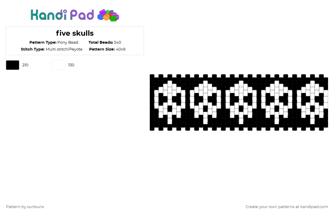 five skulls - Pony Bead Pattern by sunbuns on Kandi Pad - black,white
