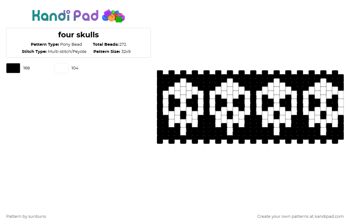 four skulls - Pony Bead Pattern by sunbuns on Kandi Pad - black,white