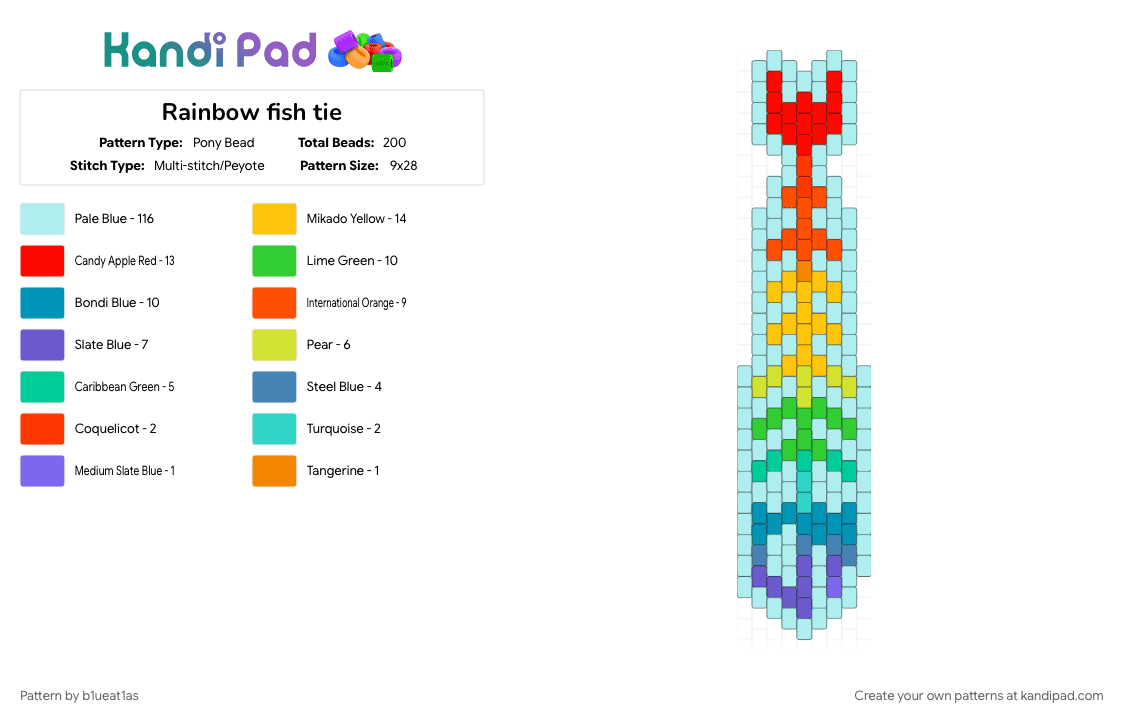 Rainbow fish tie - Pony Bead Pattern by b1ueat1as on Kandi Pad - colorful, fih, fish, light blue, rainbow, tie