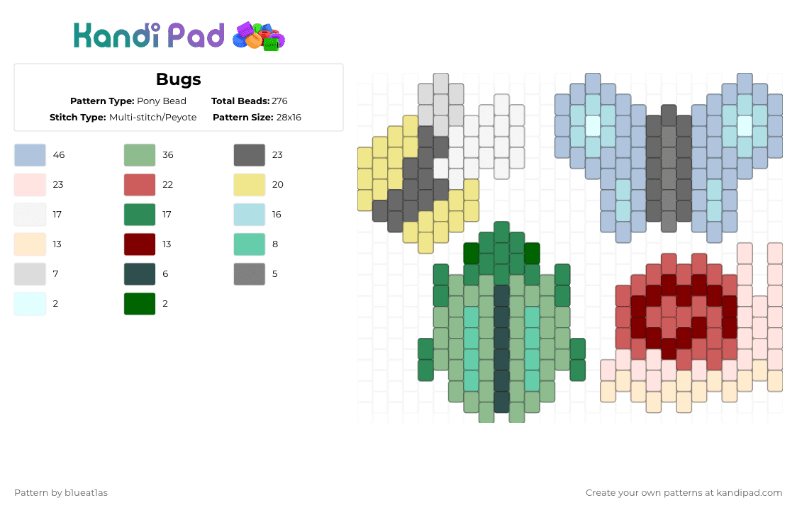Bugs - Pony Bead Pattern by b1ueat1as on Kandi Pad - gray,light blue,teal,bugs,bee,butterfly,beetle,snail,charms