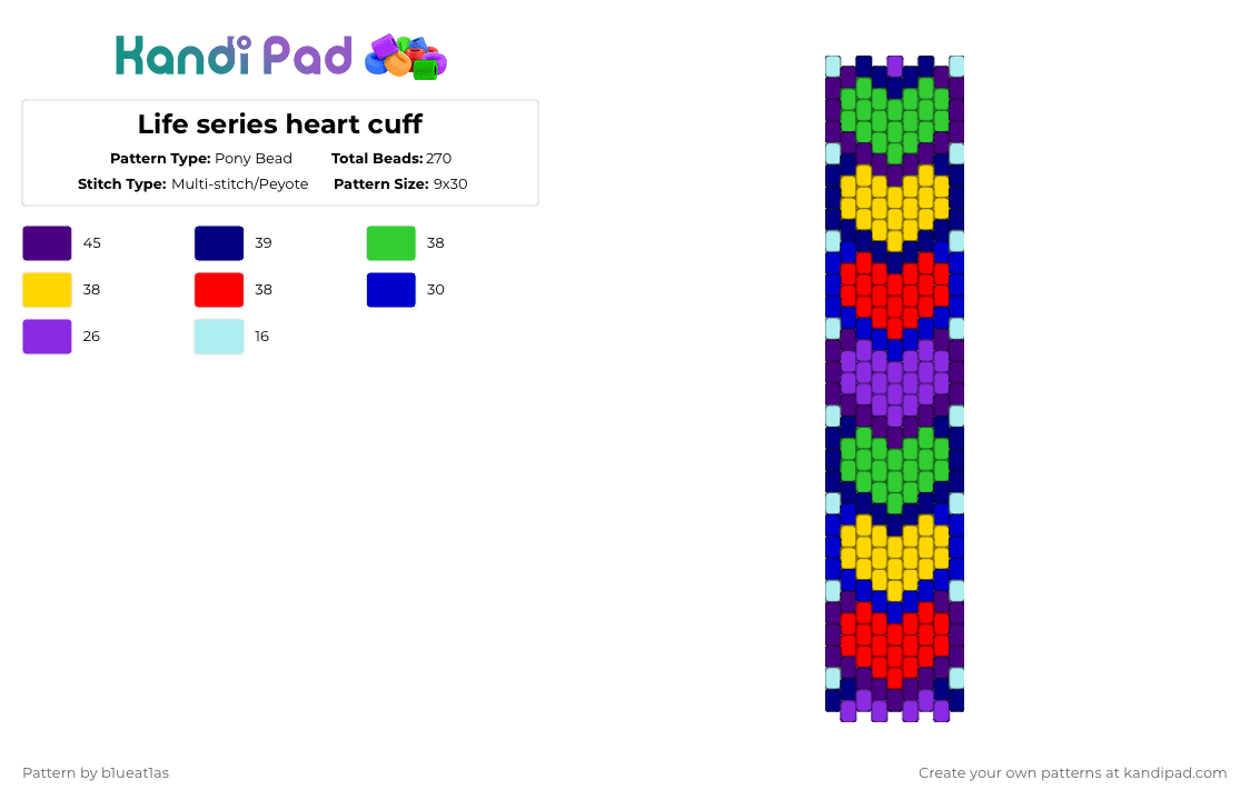 Life series heart cuff - Pony Bead Pattern by b1ueat1as on Kandi Pad - purple