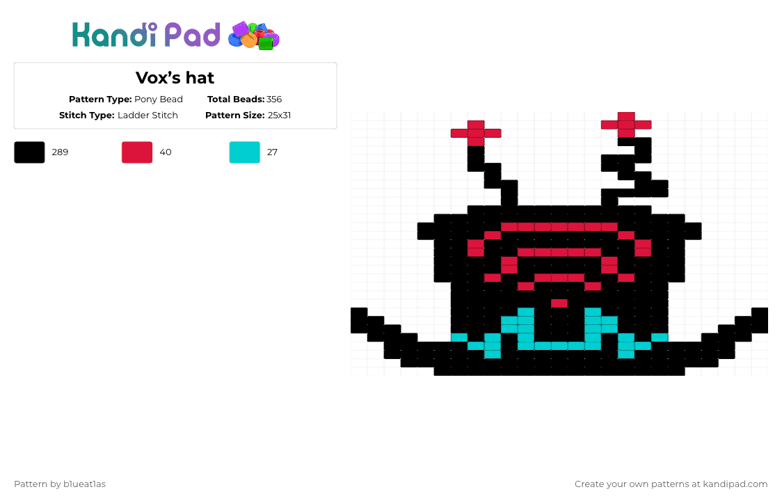 Vox’s hat - Pony Bead Pattern by b1ueat1as on Kandi Pad - black,red,light blue