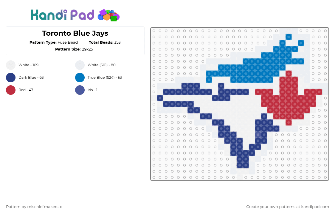 Toronto Blue Jays - Fuse Bead Pattern by mischiefmakersto on Kandi Pad - blue jays,toronto,mlb,logo,team,sports,baseball,white,blue