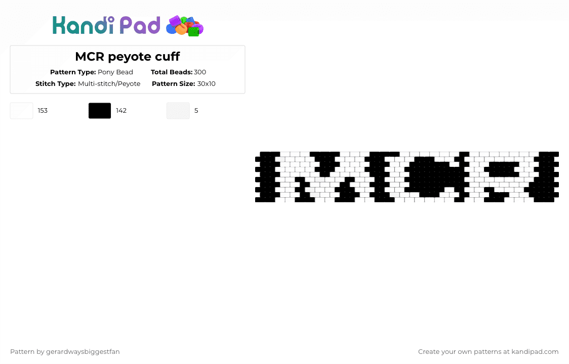 MCR peyote cuff - Pony Bead Pattern by gerardwaysbiggestfan on Kandi Pad - black,white