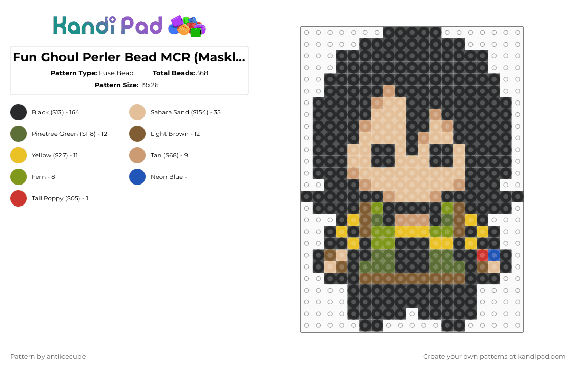 Fun Ghoul Perler Bead MCR (Maskless) - Fuse Bead Pattern by antiicecube on Kandi Pad - black,beige,gold,tan