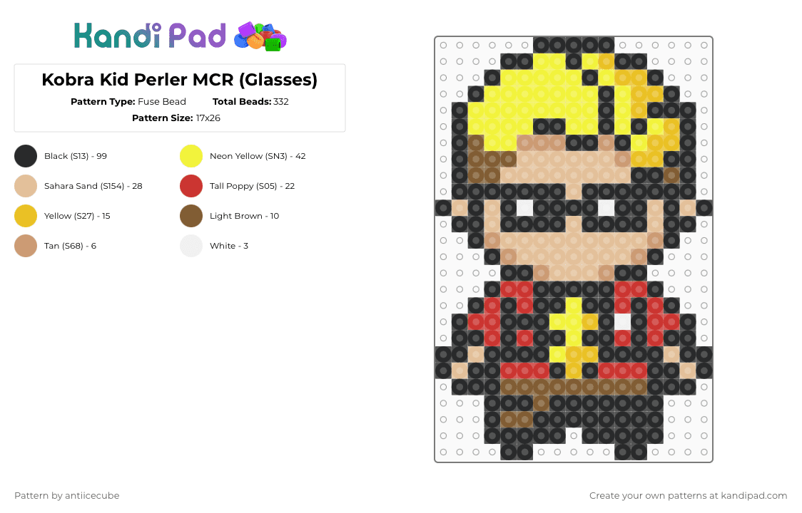 Kobra Kid Perler MCR (Glasses) - Fuse Bead Pattern by antiicecube on Kandi Pad - black,yellow,beige