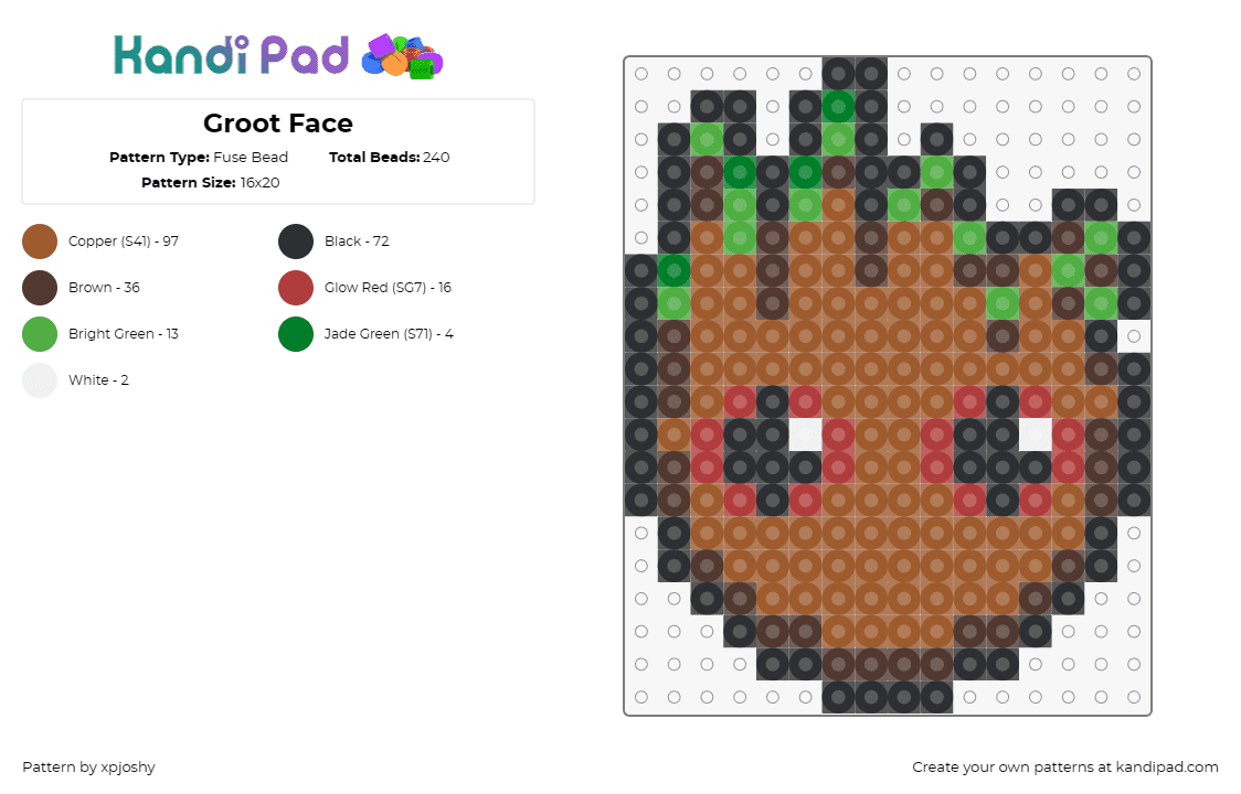 Groot Face - Fuse Bead Pattern by xpjoshy on Kandi Pad - groot,guardians of the galaxy,marvel,character,superhero,face,cute,brown