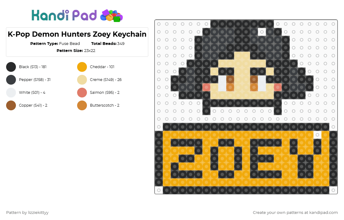 K-Pop Demon Hunters Zoey Keychain - Fuse Bead Pattern by lizziekittyy on Kandi Pad - black,orange