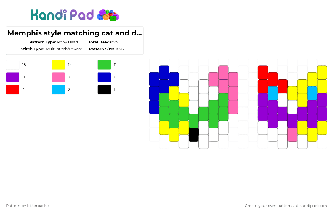 Memphis style matching cat and dog charms - Pony Bead Pattern by bitterpaskel on Kandi Pad - yellow,green,purple,cotdmemphisdesign,cat,dog,animals,animal,colorful