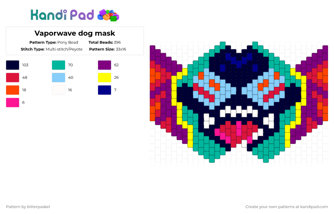 Vaporwave dog mask - Pony Bead Pattern by bitterpaskel on Kandi Pad - teal,pink,red,mask,dog,vaporwave,colorful,neon