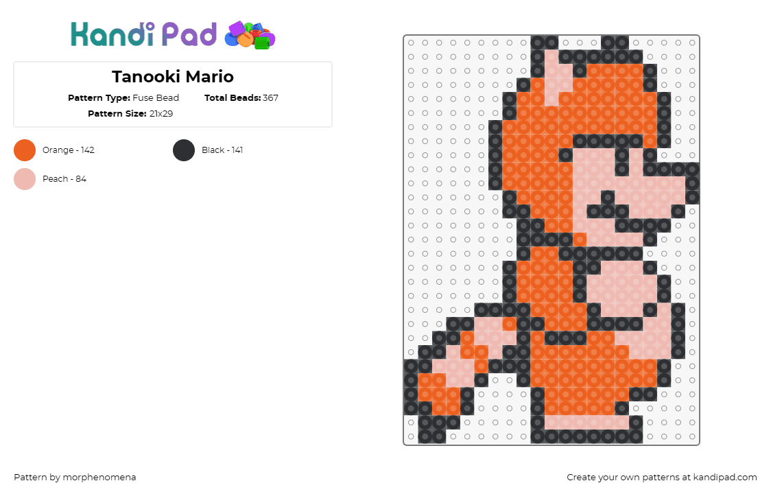 Tanooki Mario - Fuse Bead Pattern by morphenomena on Kandi Pad - tanooki,mario,raccoon,nintendo,video game,character,costume,orange,tan