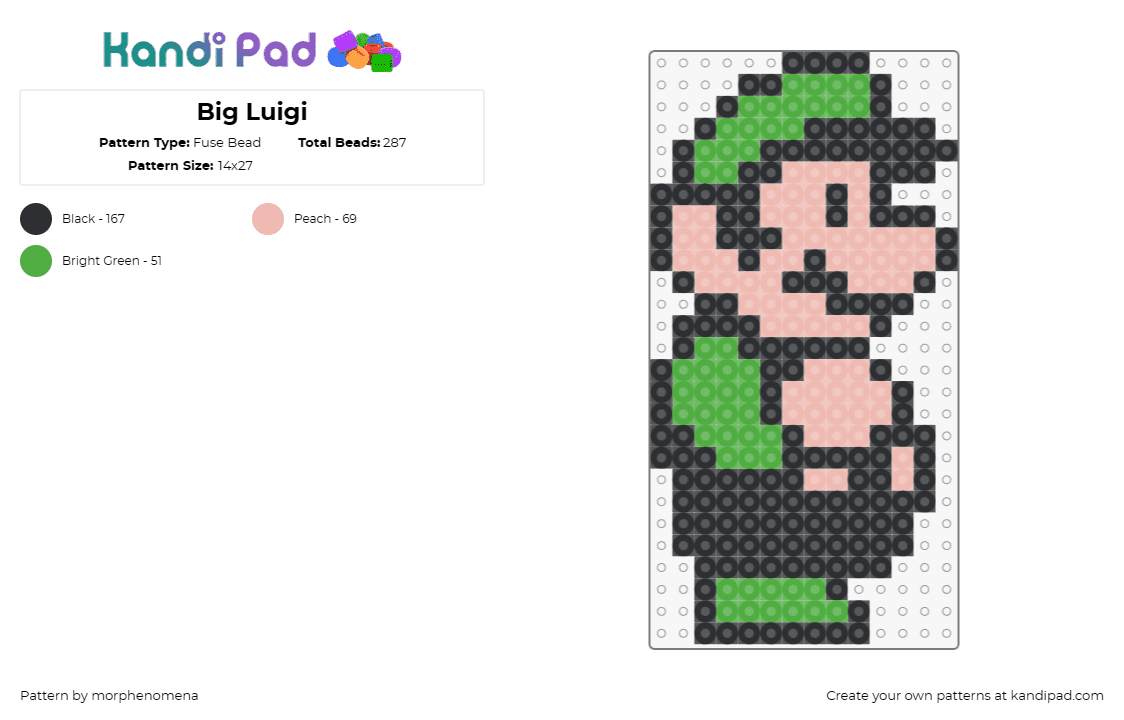 Big Luigi - Fuse Bead Pattern by morphenomena on Kandi Pad - mario,luigi,nintendo,video games